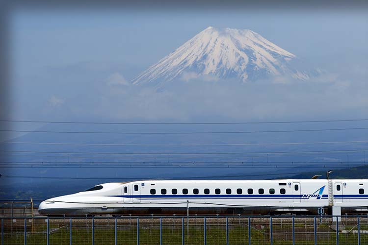 雪を被った富士山をバックに走る新幹線